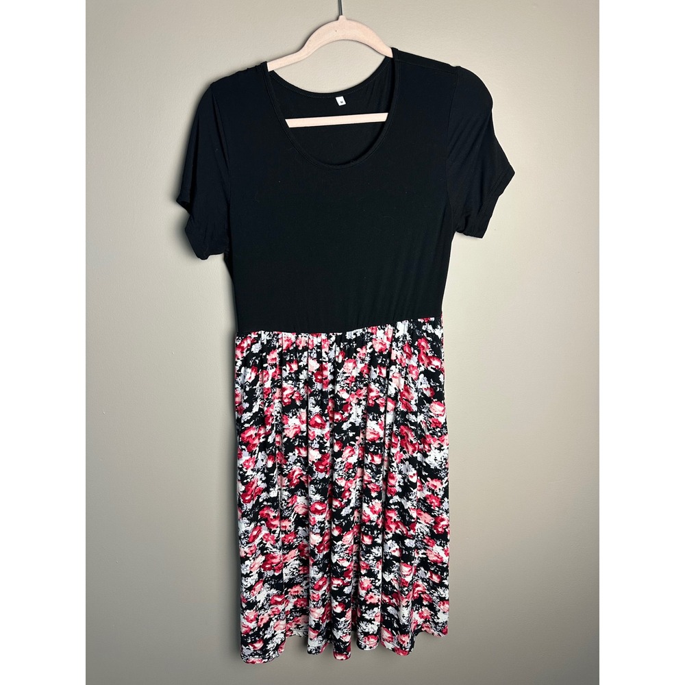 Maternity Floral Pocket Dress Black Pink White Short Sleeve Scoop Neck Medium